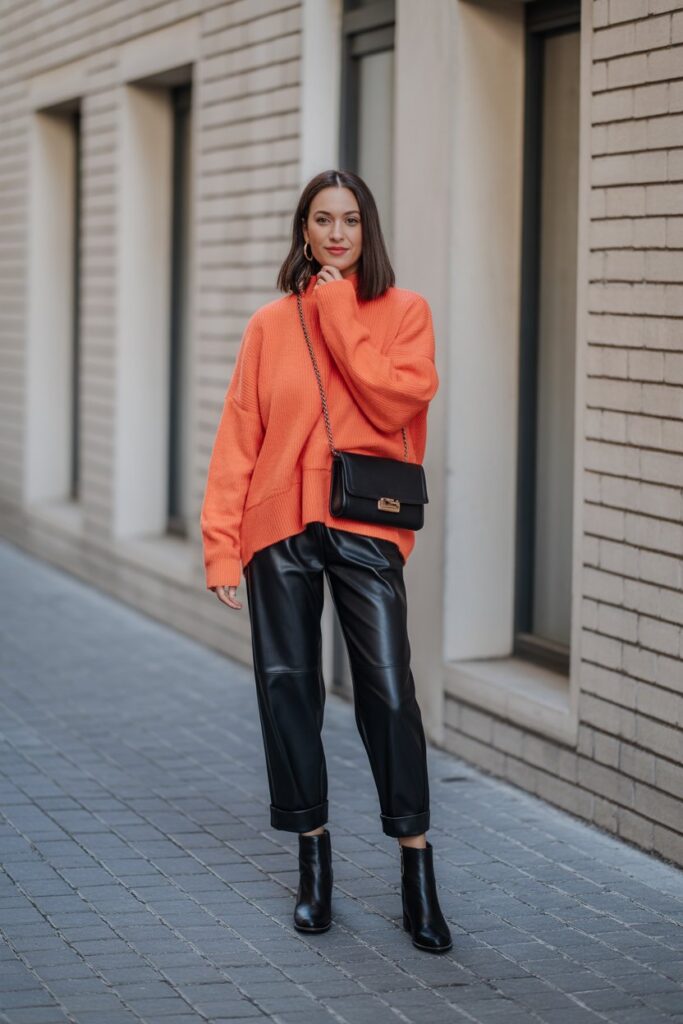 Leather Pants + Bright Sweater