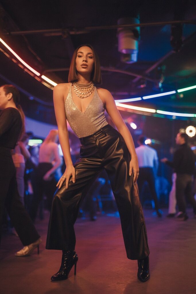 Leather Pants + Sparkly Bodysuit + Heeled Booties For Edgy Club Nights