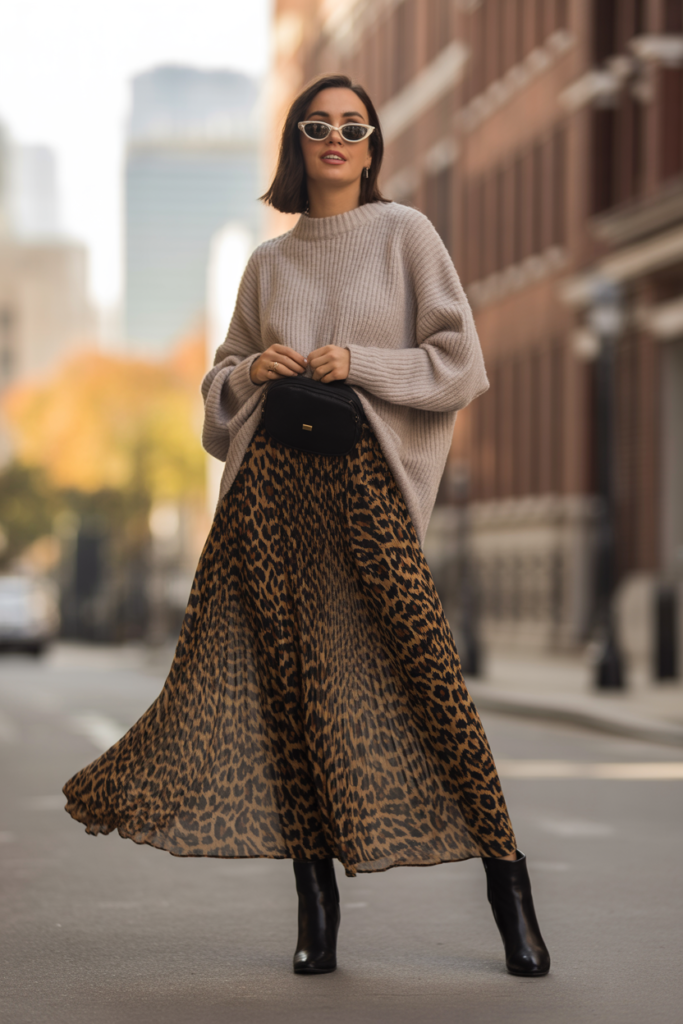Leopard Print Skirt + Chunky Sweater For Bold Comfort