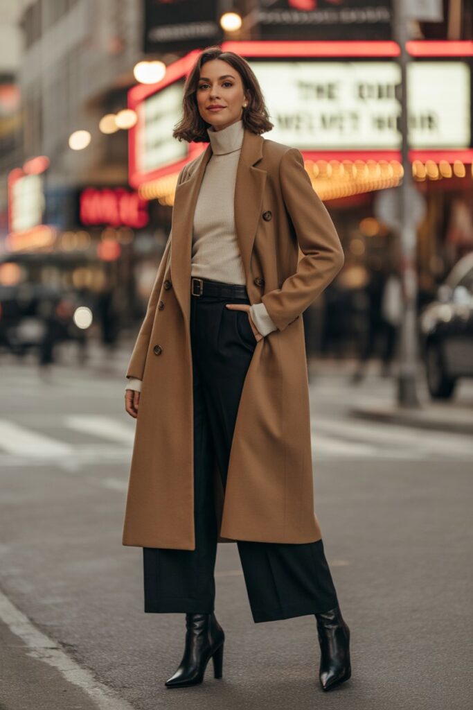 Long Belted Coat + Wide-Leg Pants + Knit Top