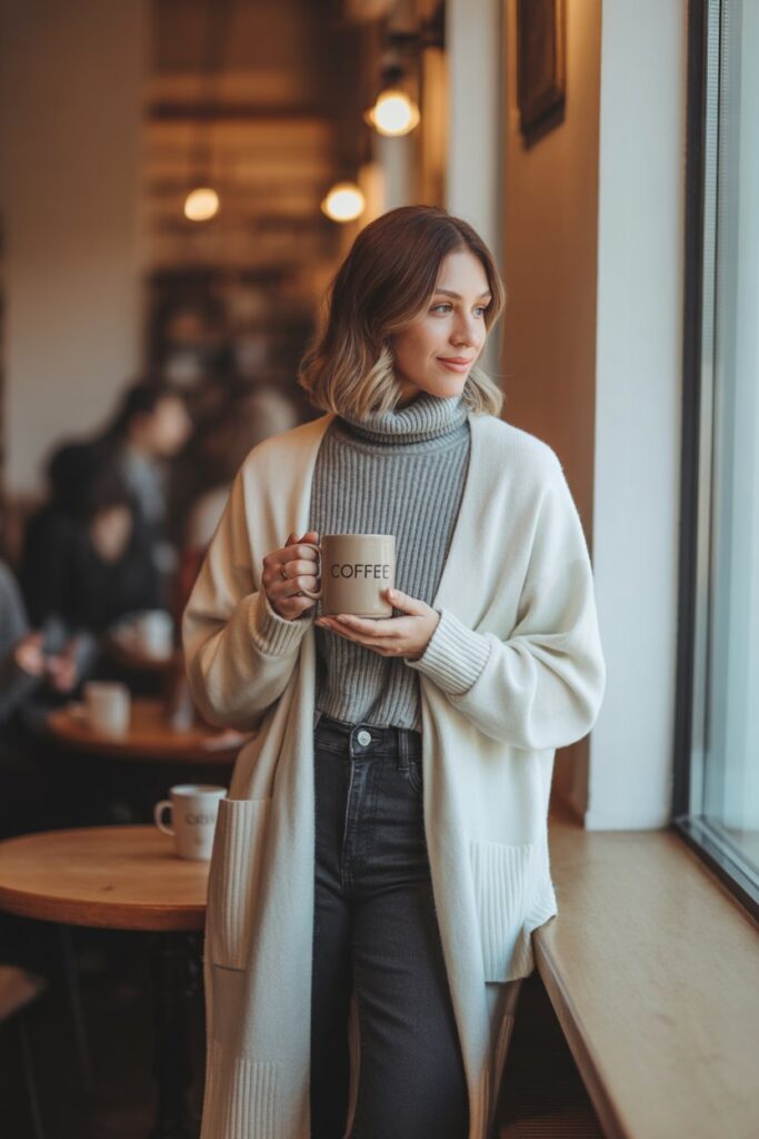 Long Cardigan + Turtleneck + Straight-Leg Jeans For Coffee Dates