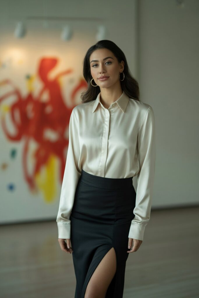 Long Sleeve Blouse With Slit Pencil Skirt