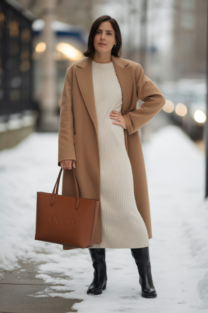 Long Wool Coat + Knit Midi Dress