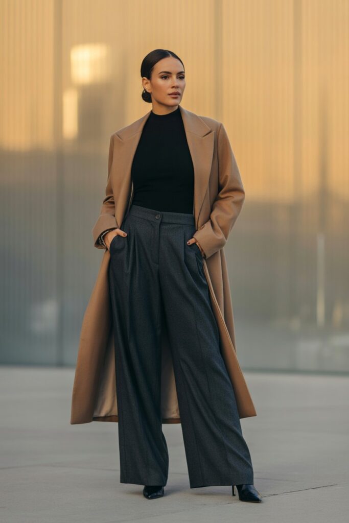 Long Wool Coat + Wide-Leg Trousers For Modern Elegance