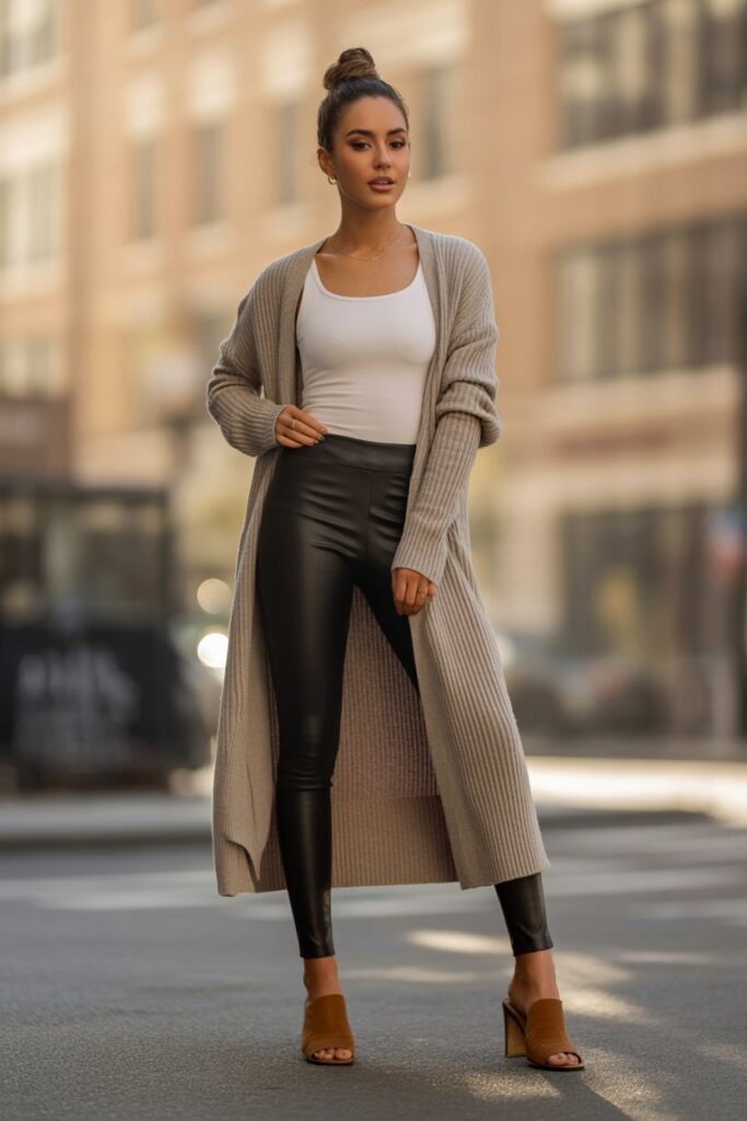 Longline Cardigan + Tank Top + Leather Leggings