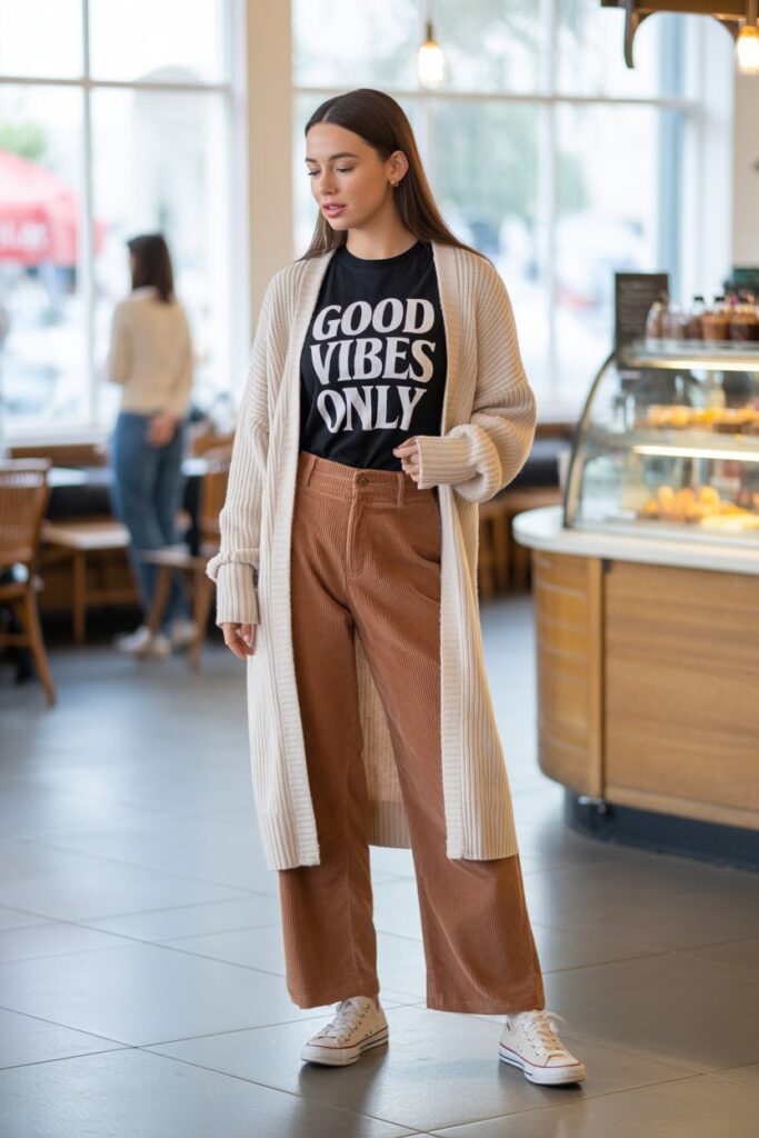 Longline Cardigan + Tee + Corduroy Pants