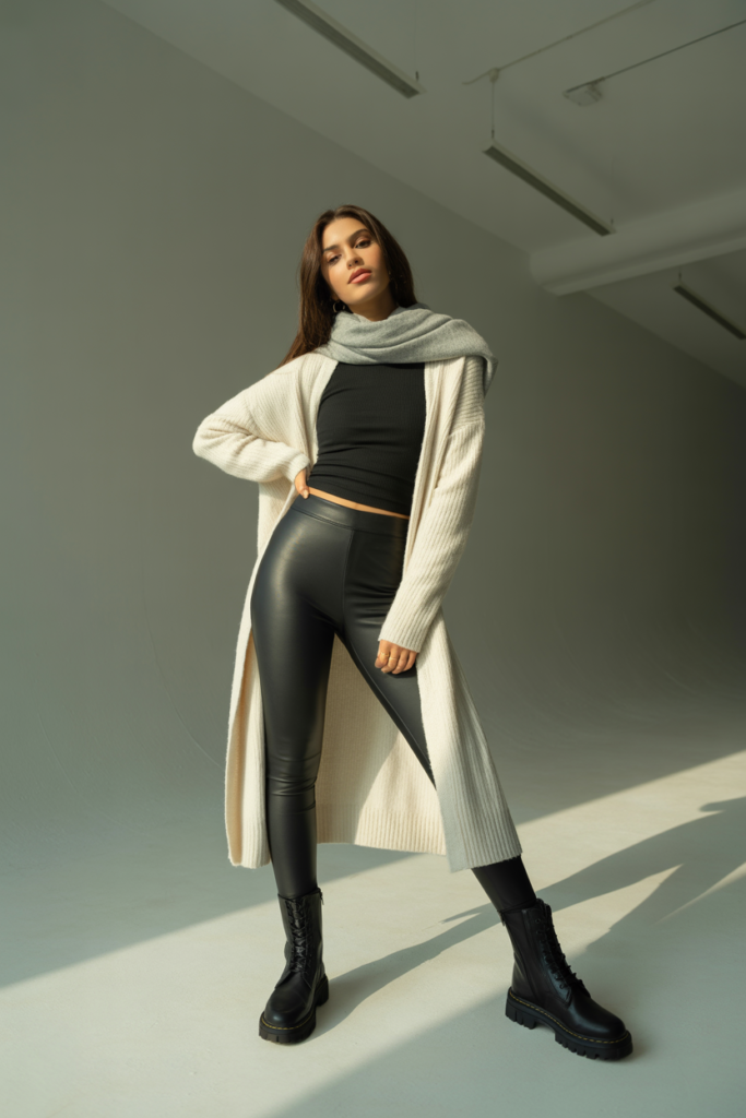 Longline Cardigan + Thermal Top + Faux Leather Leggings