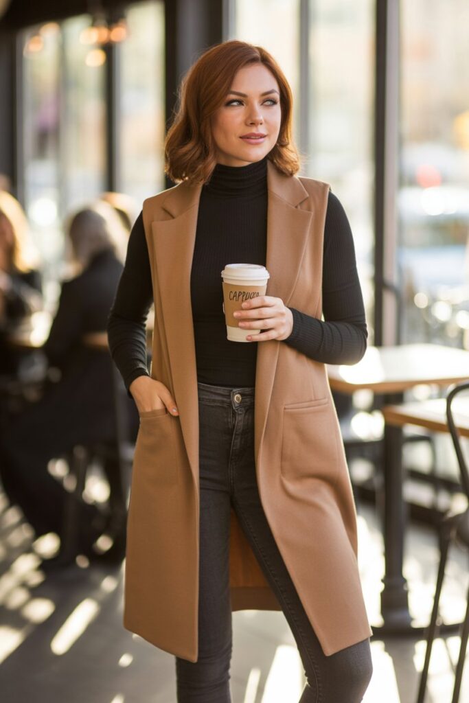 Longline Vest + Turtleneck + Skinny Jeans For Transitional Weather