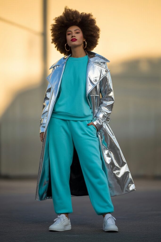Matching Sweatsuit + Metallic Coat + Afro Curls