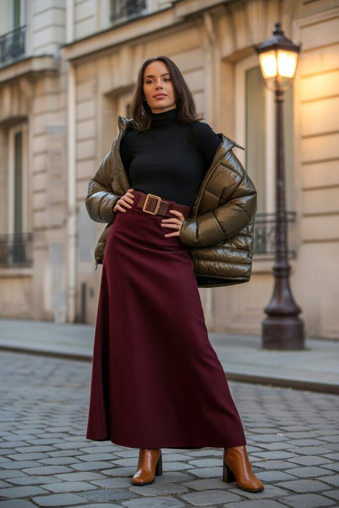 Maxi Skirt + Fitted Turtleneck + Belt