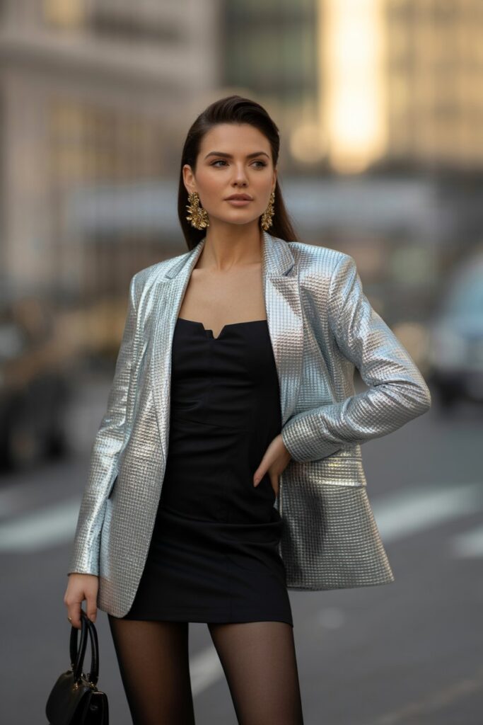 Metallic Blazer + Black Mini Dress + Sheer Tights For Power Dressing