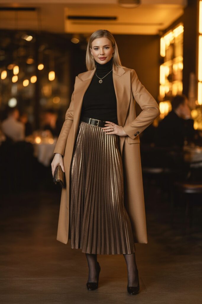Metallic Pleated Skirt + Black Sweater + Belted Coat For Dinner & Drinks