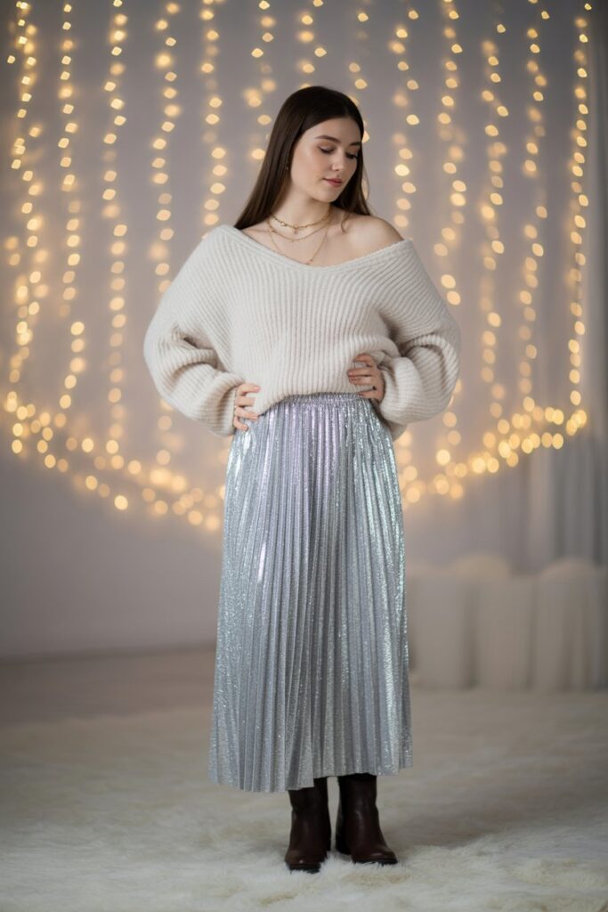 Metallic Pleated Skirt + Chunky Knit