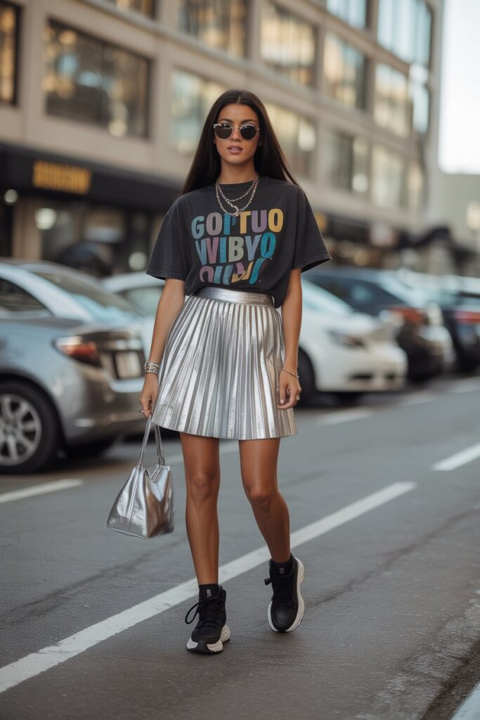 Metallic Skirt + Graphic Tee For Bold Street Style