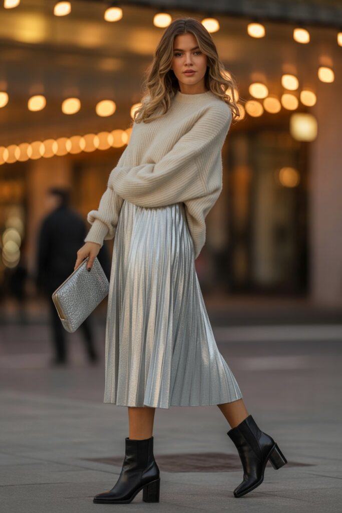 Metallic Skirt + Knit Sweater + Booties