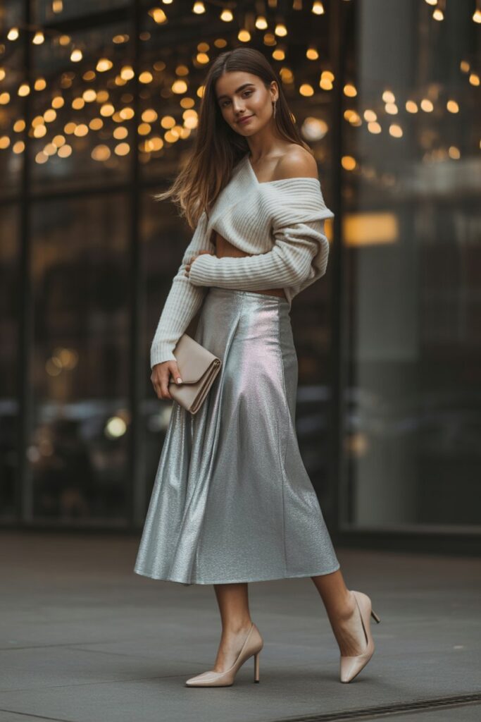 Metallic Skirt + Off-Shoulder Sweater
