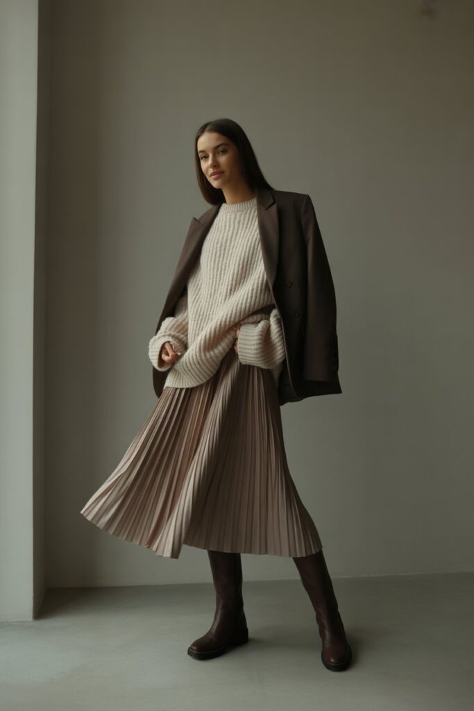 Midi Pleated Skirt + Oversized Knit