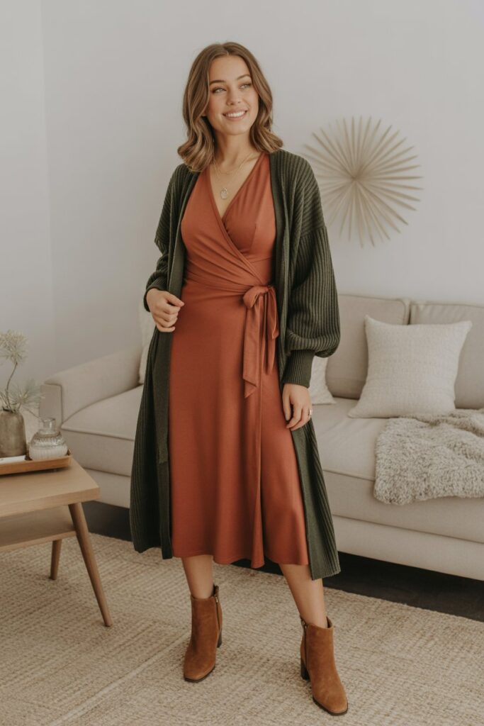 Midi Wrap Dress + Heeled Booties