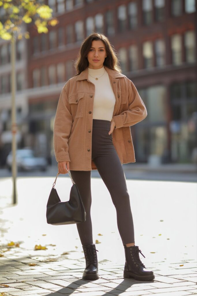 Mock Neck Top + Corduroy Shacket + Ribbed Leggings