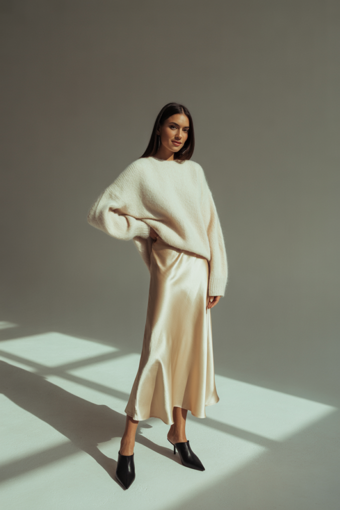 Mohair Sweater + Satin Slip Skirt + Heeled Mules For Textured Balance