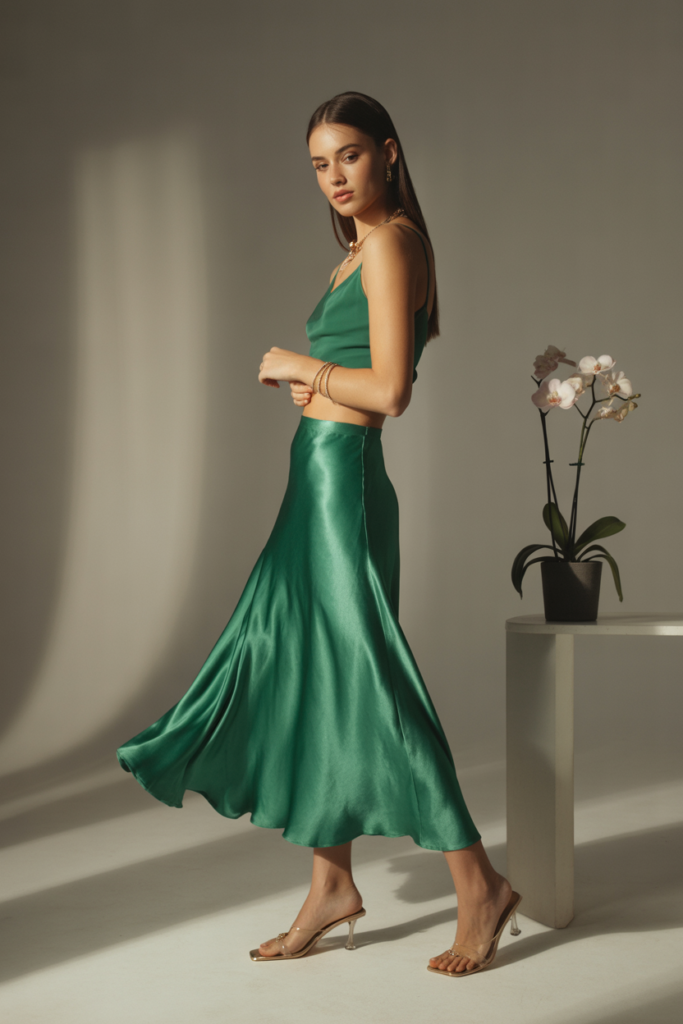 Monochromatic Silk Skirt Outfit