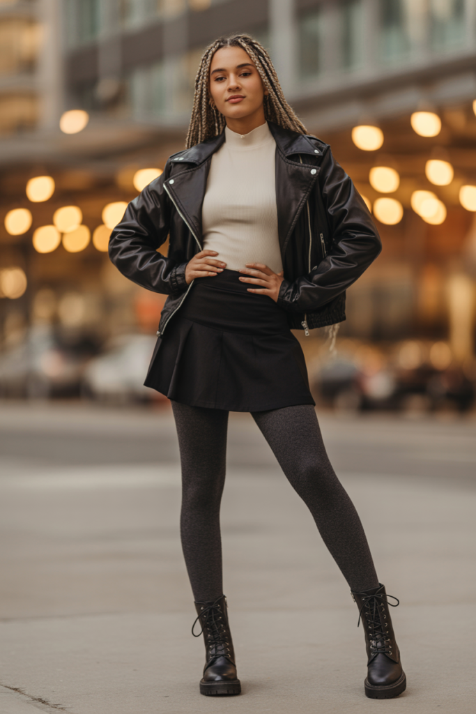 Moto Jacket + Mock Neck + Mini Skirt + Tights