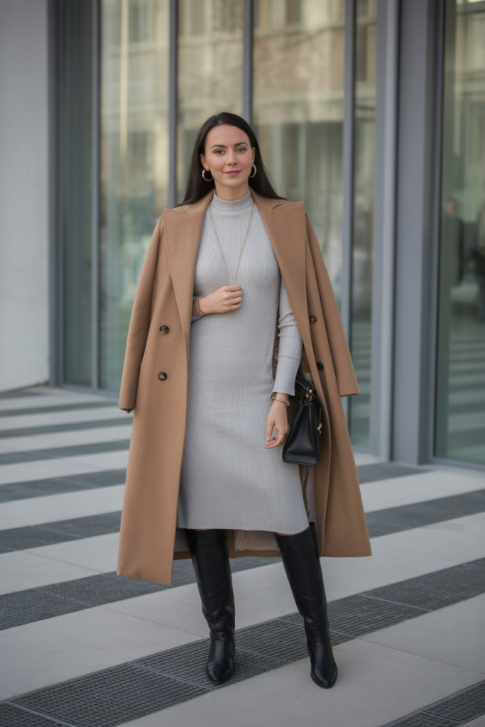 Neutral Knit Dress + Long Coat