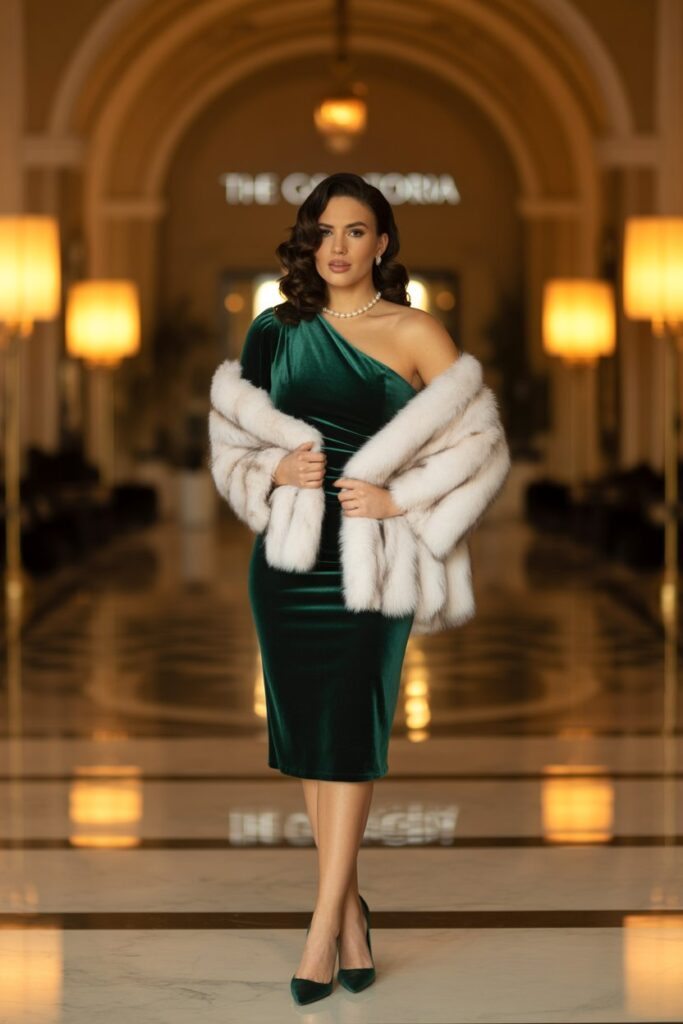 One-Shoulder Velvet Dress + Faux Fur Wrap + Stiletto Heels For Classic Luxury