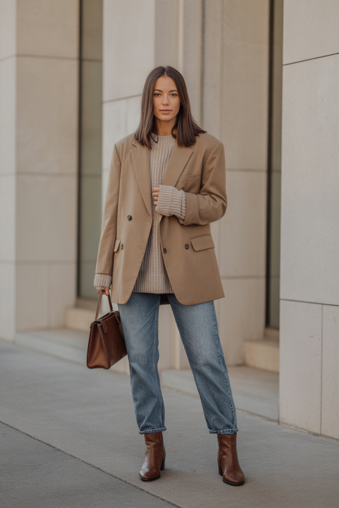 Oversized Blazer + Knit Sweater + Jeans
