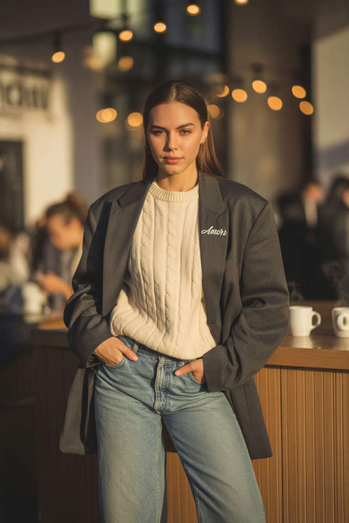 Oversized Blazer + Knit Top + Jeans