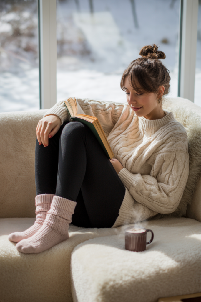 Oversized Knit Sweater + Leggings + Fuzzy Socks For A Cozy Day In