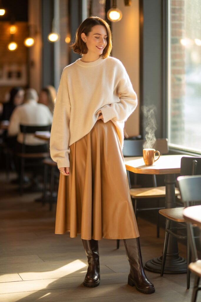 Oversized Knit Sweater + Midi Skirt + Knee-High Boots For Effortless Warmth