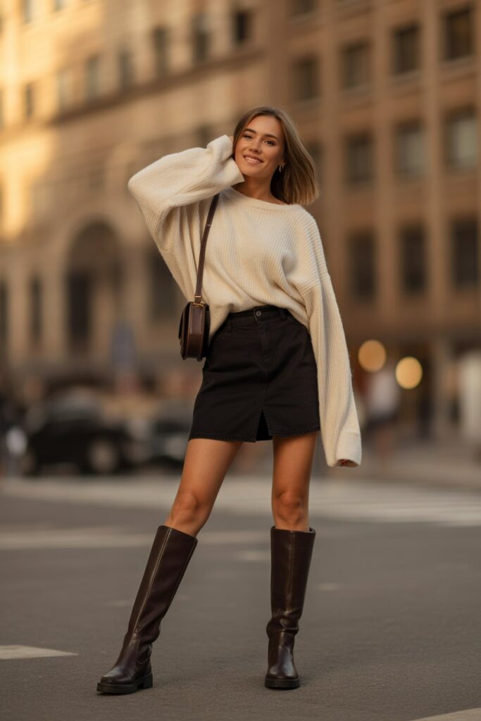 Oversized Sweater + Mini Skirt + Knee-High Boots For Cozy Chic