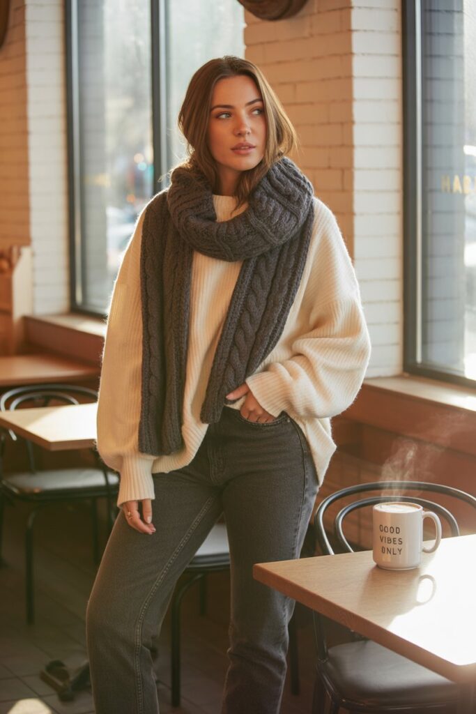 Oversized Sweater + Straight-Leg Jeans + Chunky Scarf