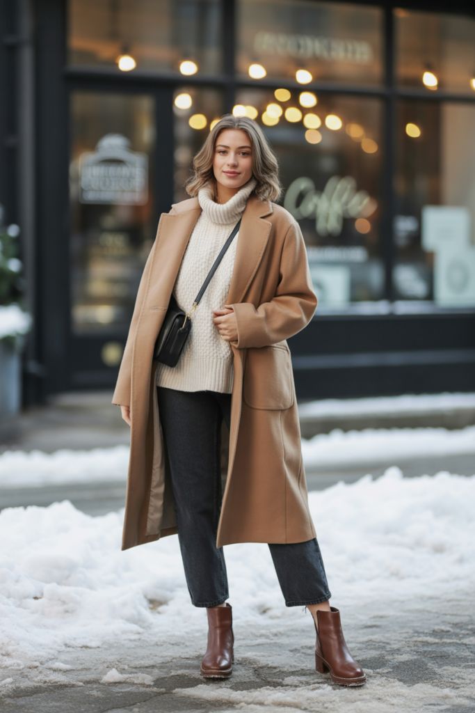Oversized Wool Coat + Turtleneck Sweater + Straight-Leg Jeans