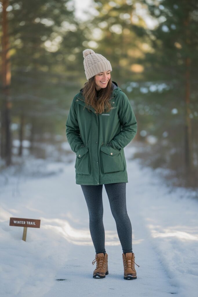 Parka Jacket + Beanie + Thermal Leggings For Outdoor Walks