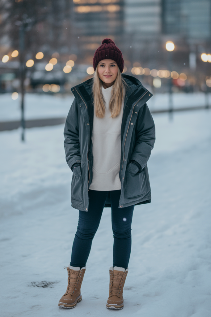 Parka Jacket + Thermal Layering + Snow Boots