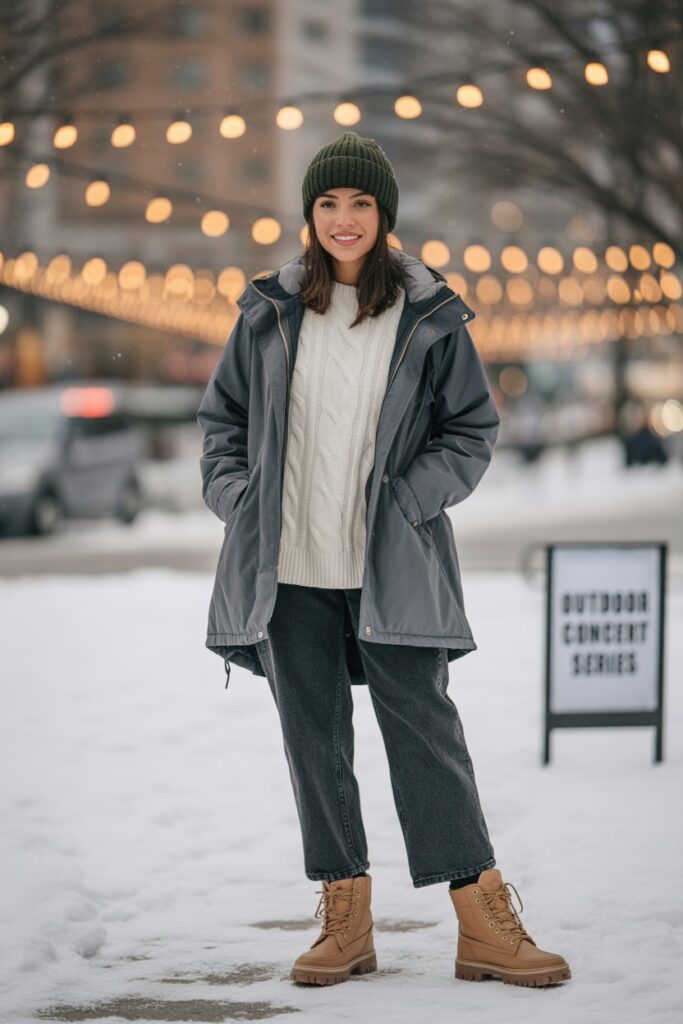 Parka + Sweater + Straight-Leg Jeans