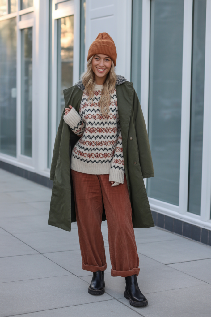 Patterned Sweater + Corduroy Pants