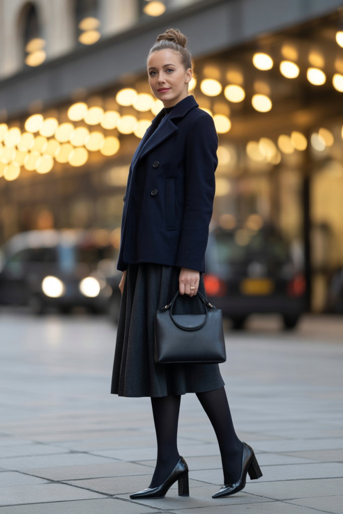Peacoat + Midi Skirt + Tights