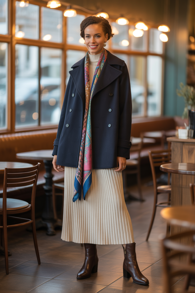 Peacoat + Ribbed Dress + Scarf Layers