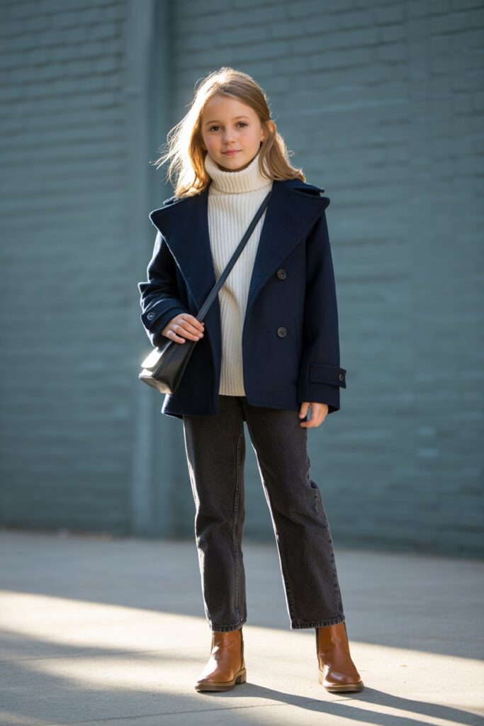 Peacoat + Turtleneck + Straight-Leg Jeans