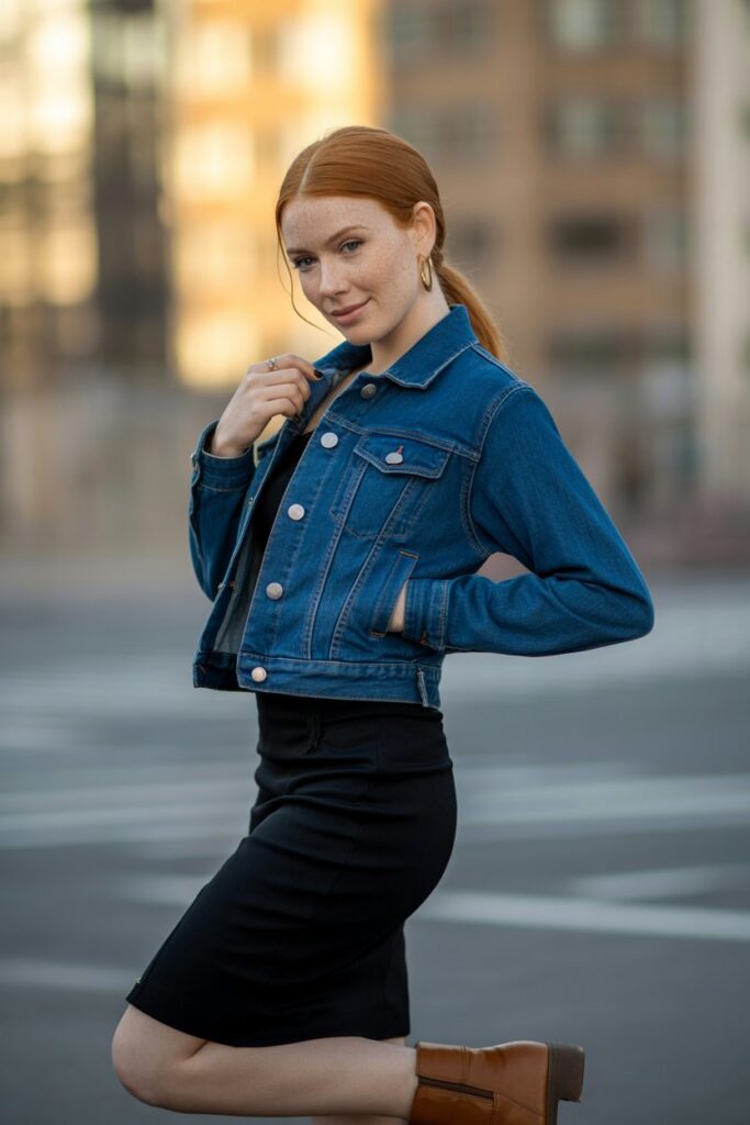 Pencil Skirt And Fitted Denim Jacket