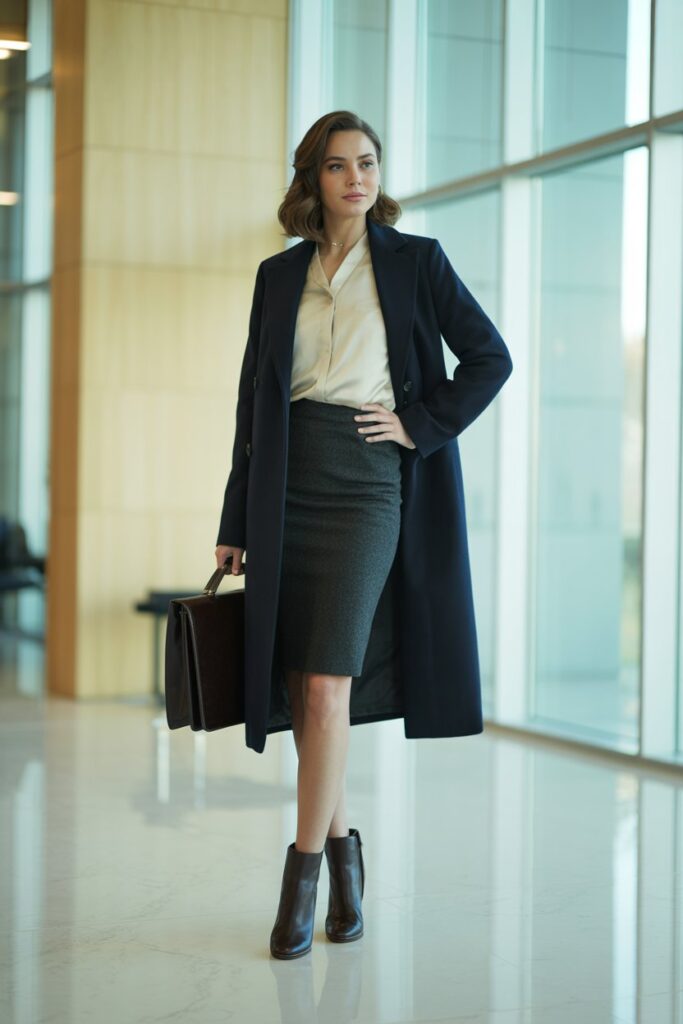 Pencil Skirt + Blouse + Long Coat