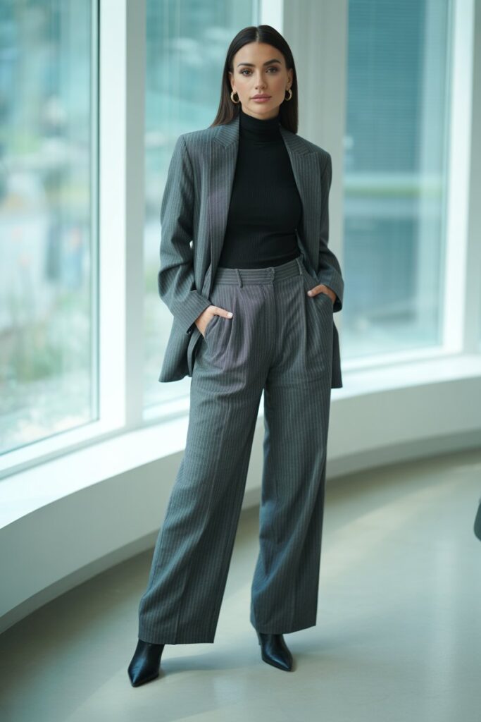 Pinstripe Suit + Turtleneck