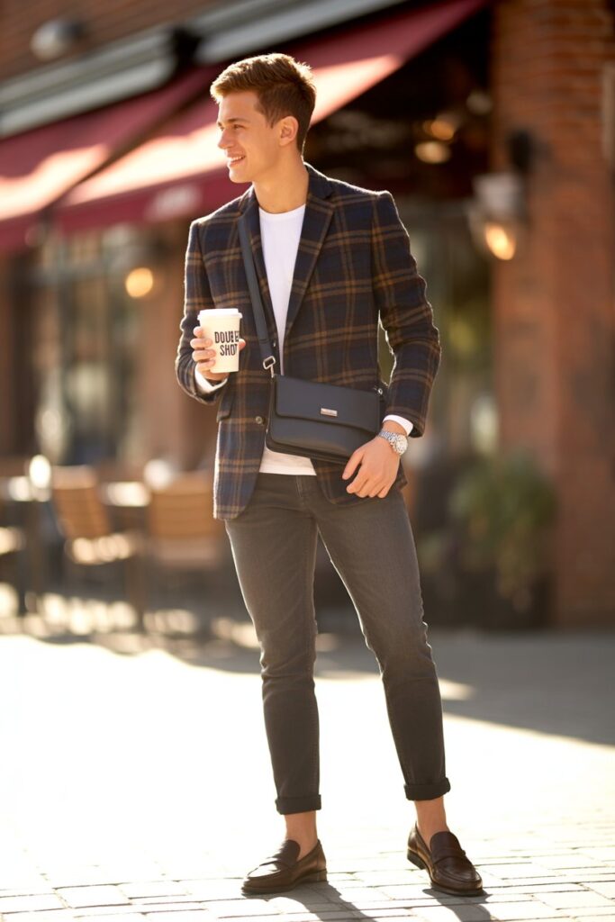 Plaid Blazer + Slim Jeans + Loafers For Smart-Casual Brunch Vibes