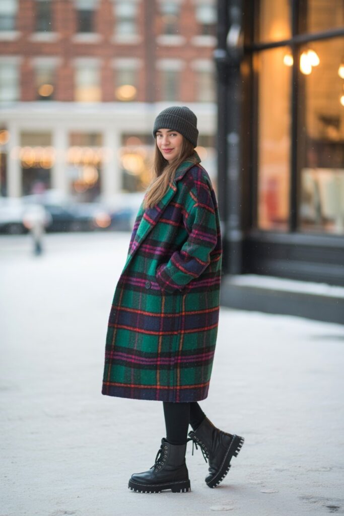 Plaid Coat + Lug-Sole Boots