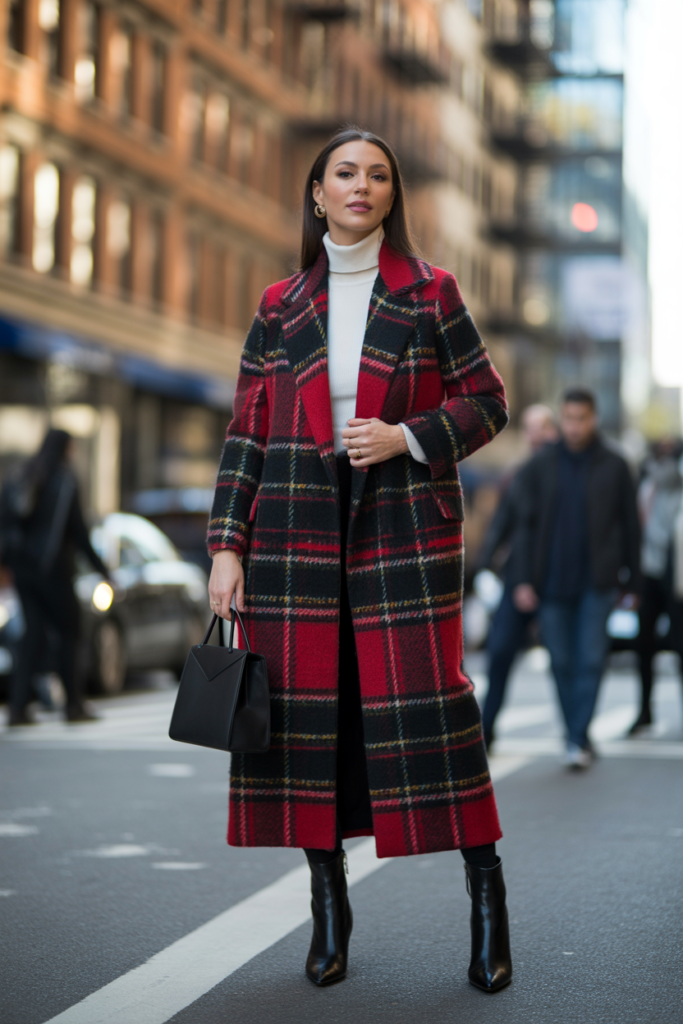 Plaid Coat + Monochrome Base Layer + Heeled Boots
