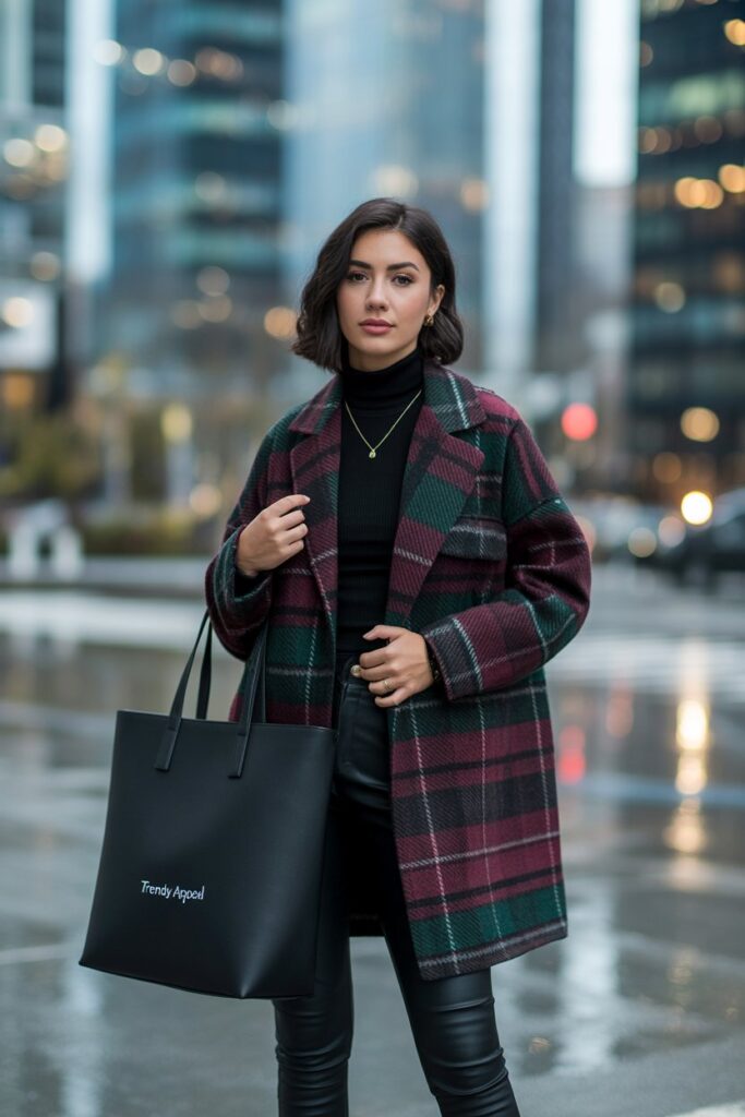 Plaid Coat + Turtleneck + Leather Pants For Trendy Appeal