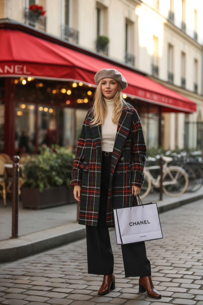 Plaid Coat + Wide-Leg Pants + Beret